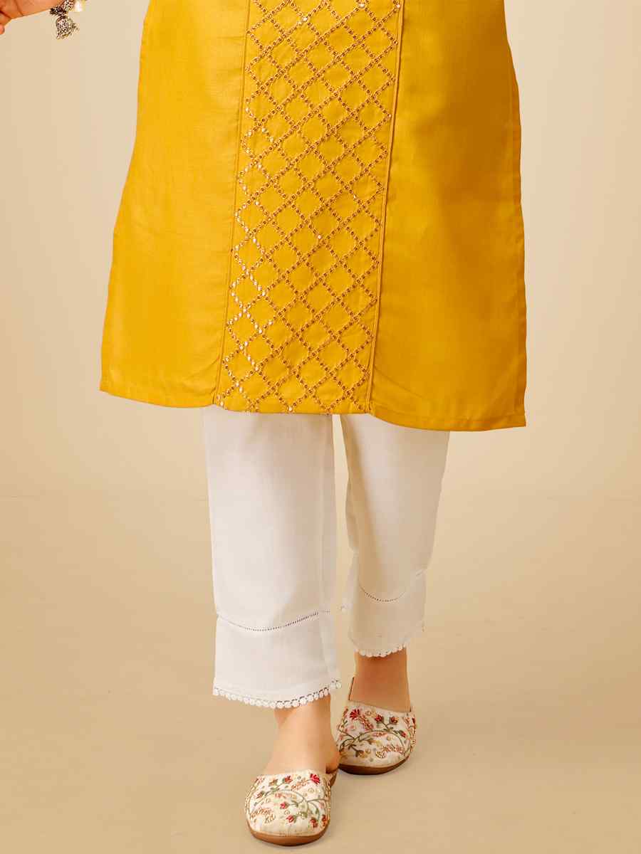 Yellow Cotton Magic Slub Embroidered Festival Casual Kurti With Bottom