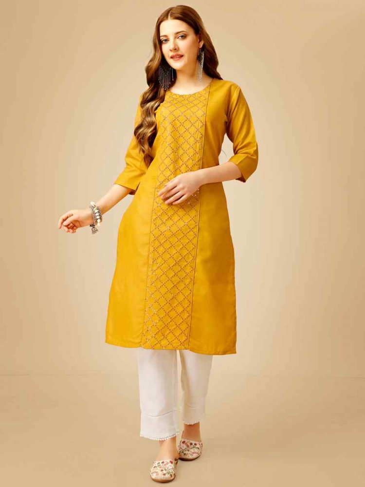 Yellow Cotton Magic Slub Embroidered Festival Casual Kurti
