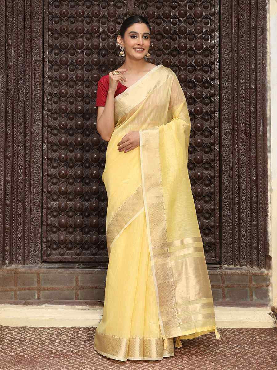 Yellow Cotton Plain Zari Work Casual Reception Festival Wedding Fancy Classic Style Sarees