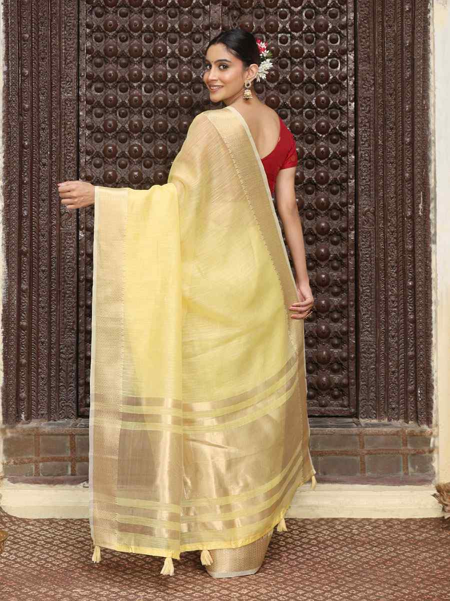 Yellow Cotton Plain Zari Work Casual Reception Festival Wedding Fancy Classic Style Sarees