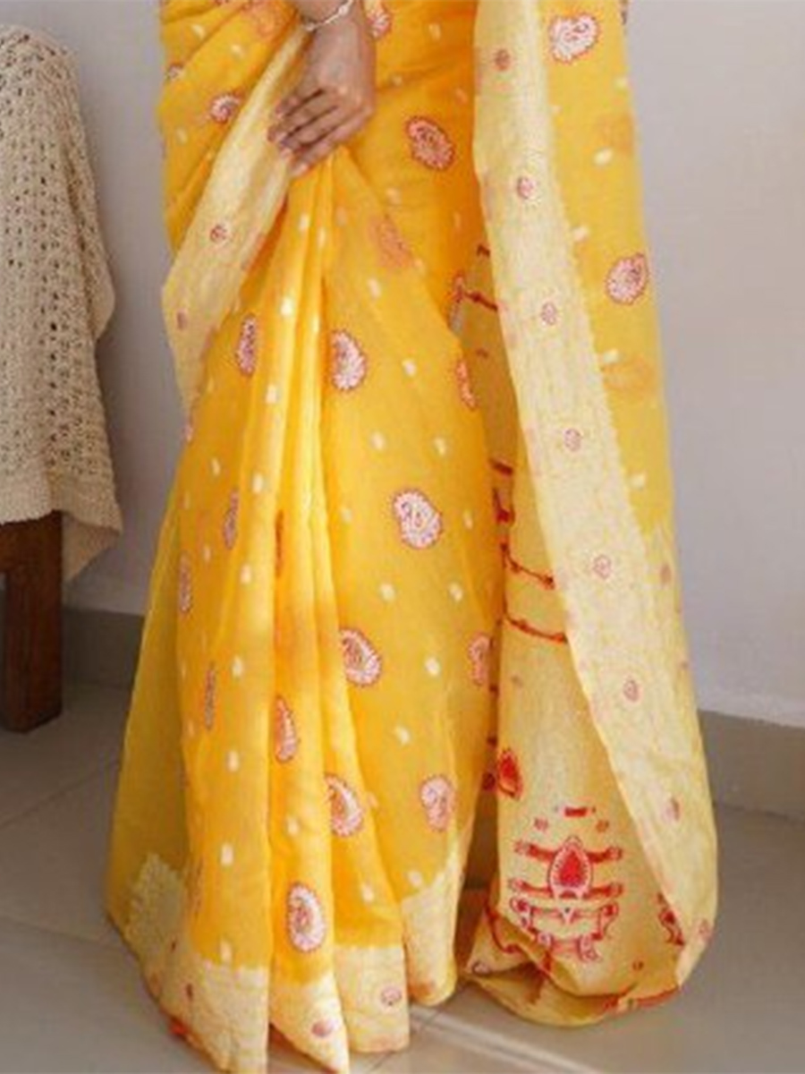 Yellow Cotton Printed Casual Festival Contemporary Saree