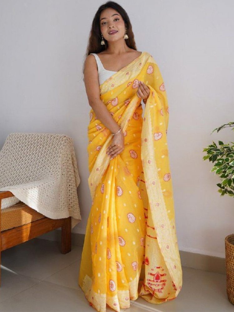 Yellow Cotton Printed Casual Festival Contemporary Saree