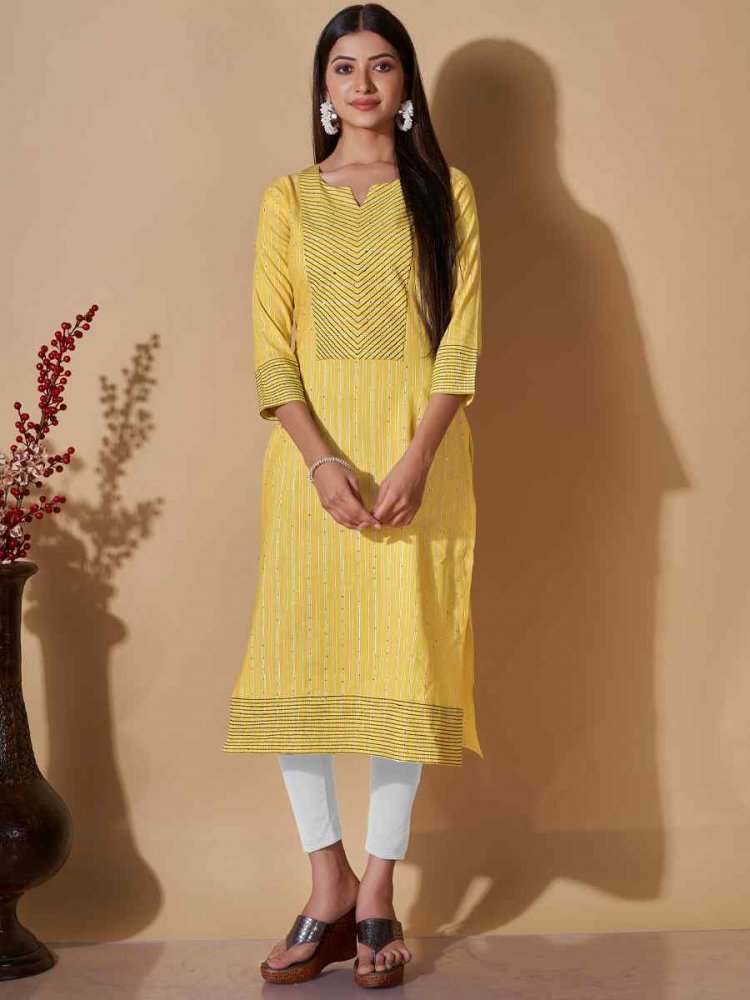 Yellow Cotton Printed Casual Festival Kurti