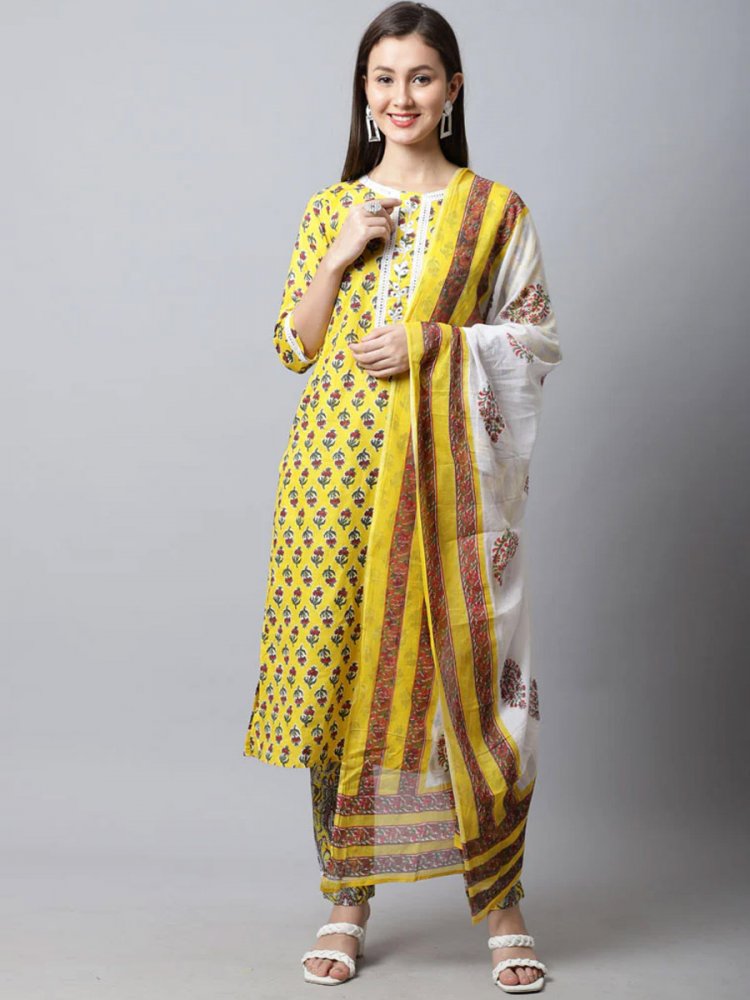 Yellow Cotton Printed Casual Festival Ready Pant Salwar Kameez