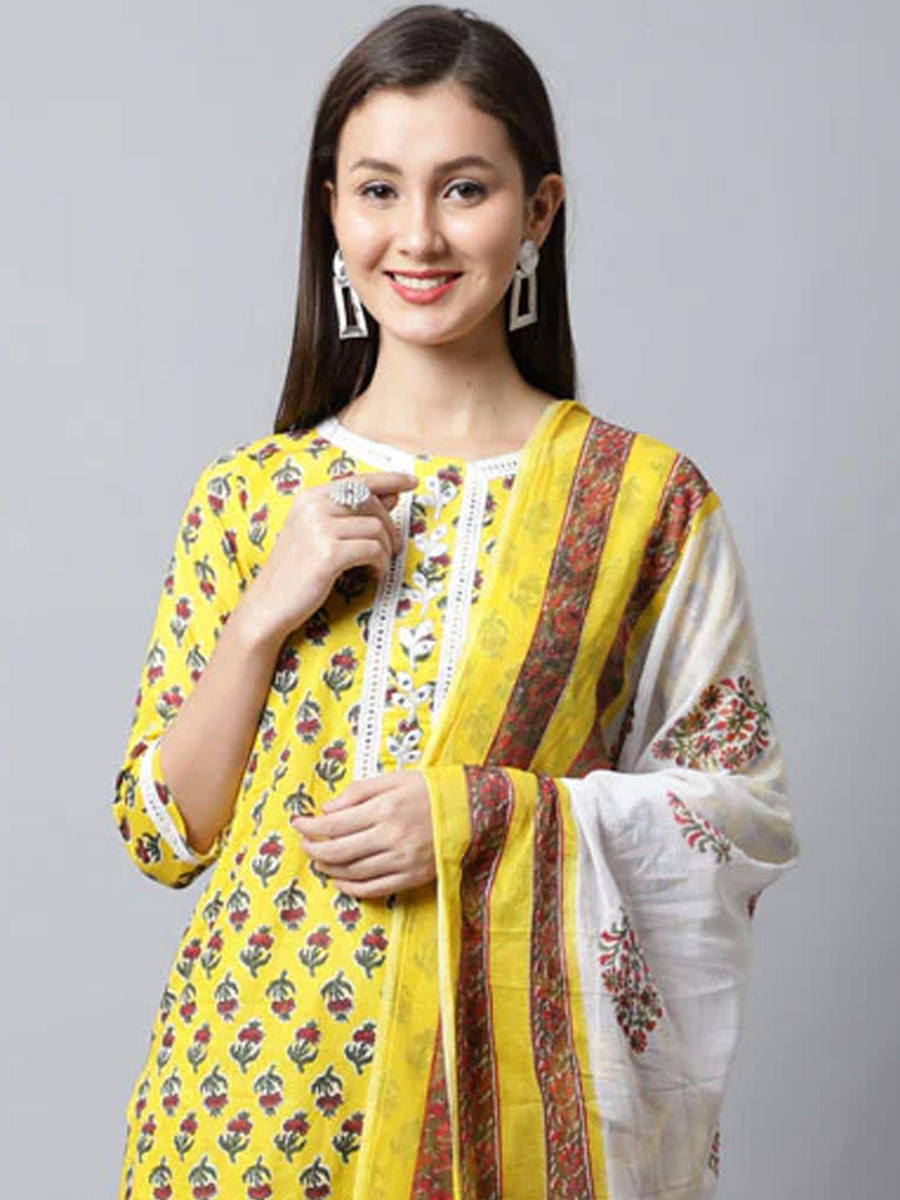 Yellow Cotton Printed Casual Festival Ready Pant Salwar Kameez