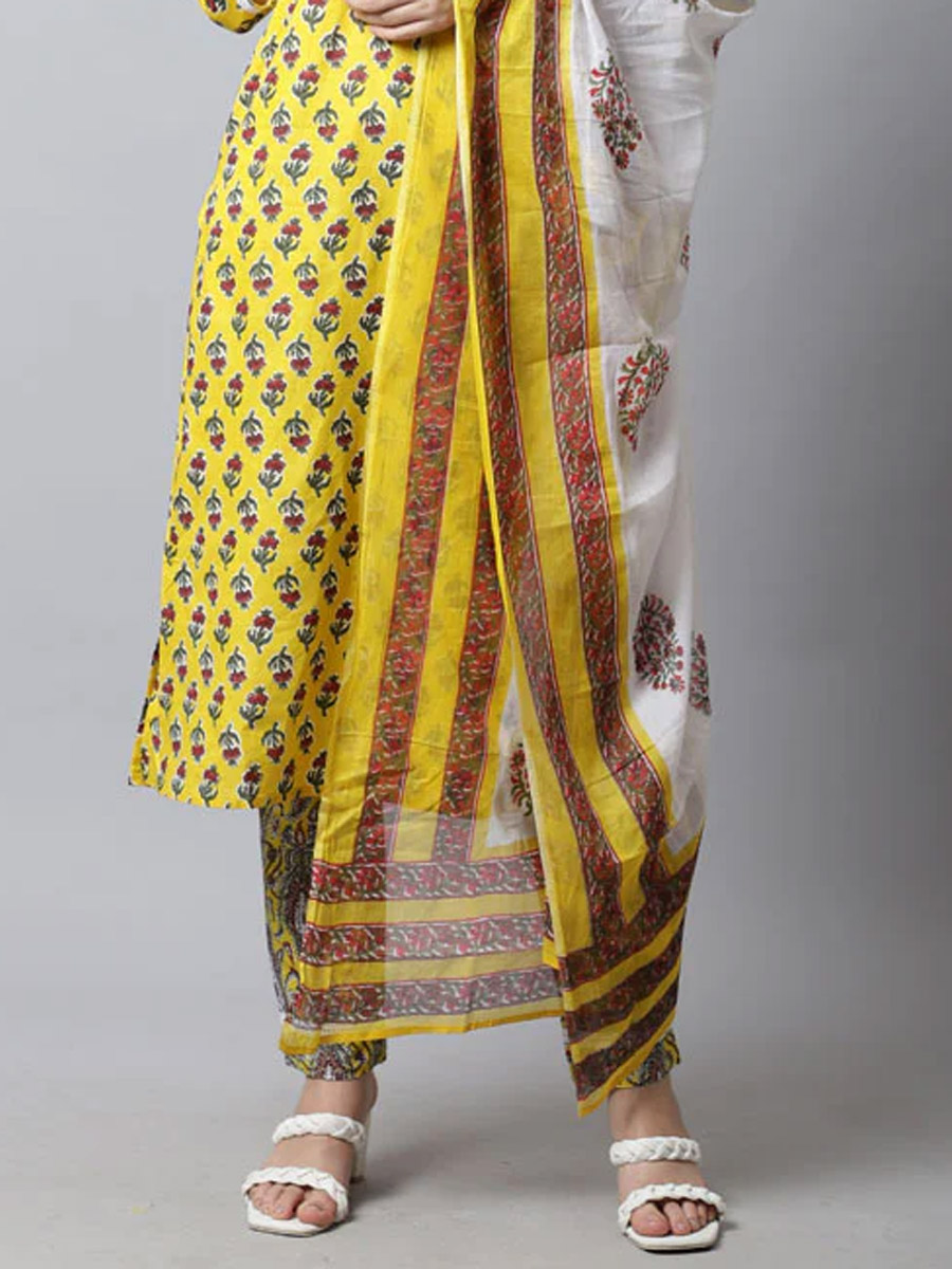 Yellow Cotton Printed Casual Festival Ready Pant Salwar Kameez