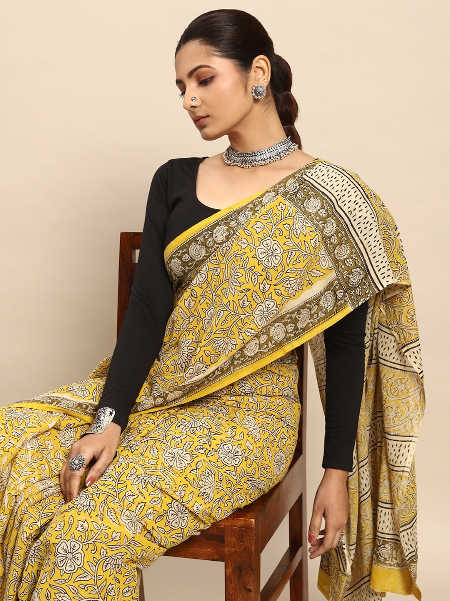 Yellow Cotton Printed Festival Casual Contemporary Sarees