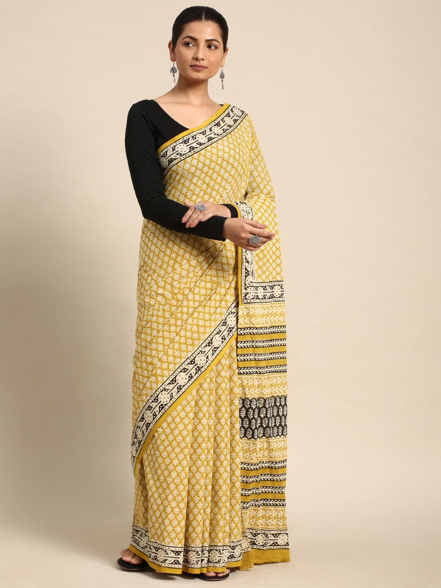 Yellow Cotton Printed Festival Casual Contemporary Sarees