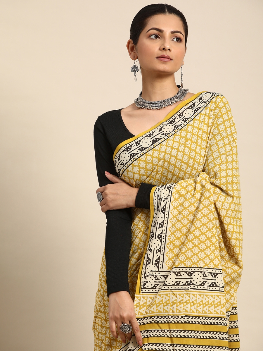 Yellow Cotton Printed Festival Casual Contemporary Sarees