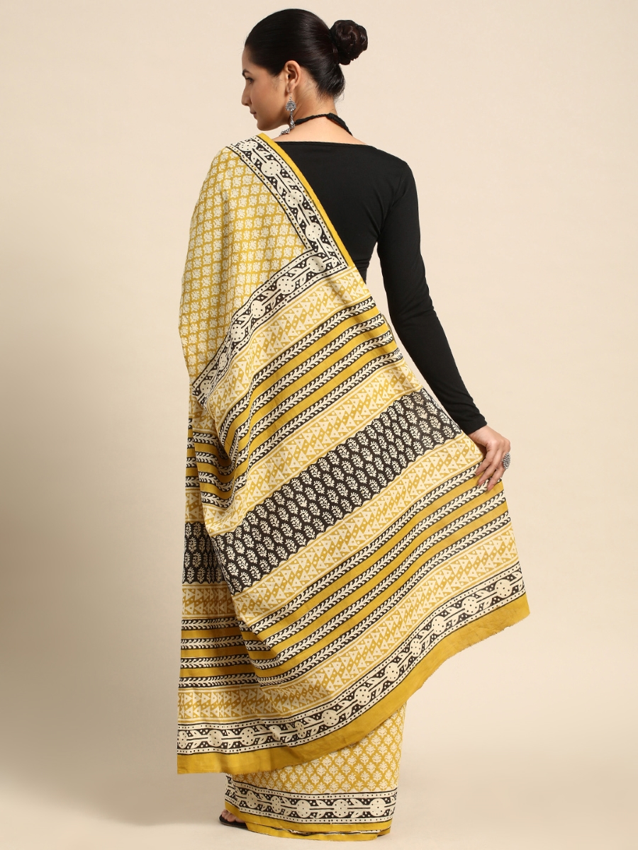 Yellow Cotton Printed Festival Casual Contemporary Sarees