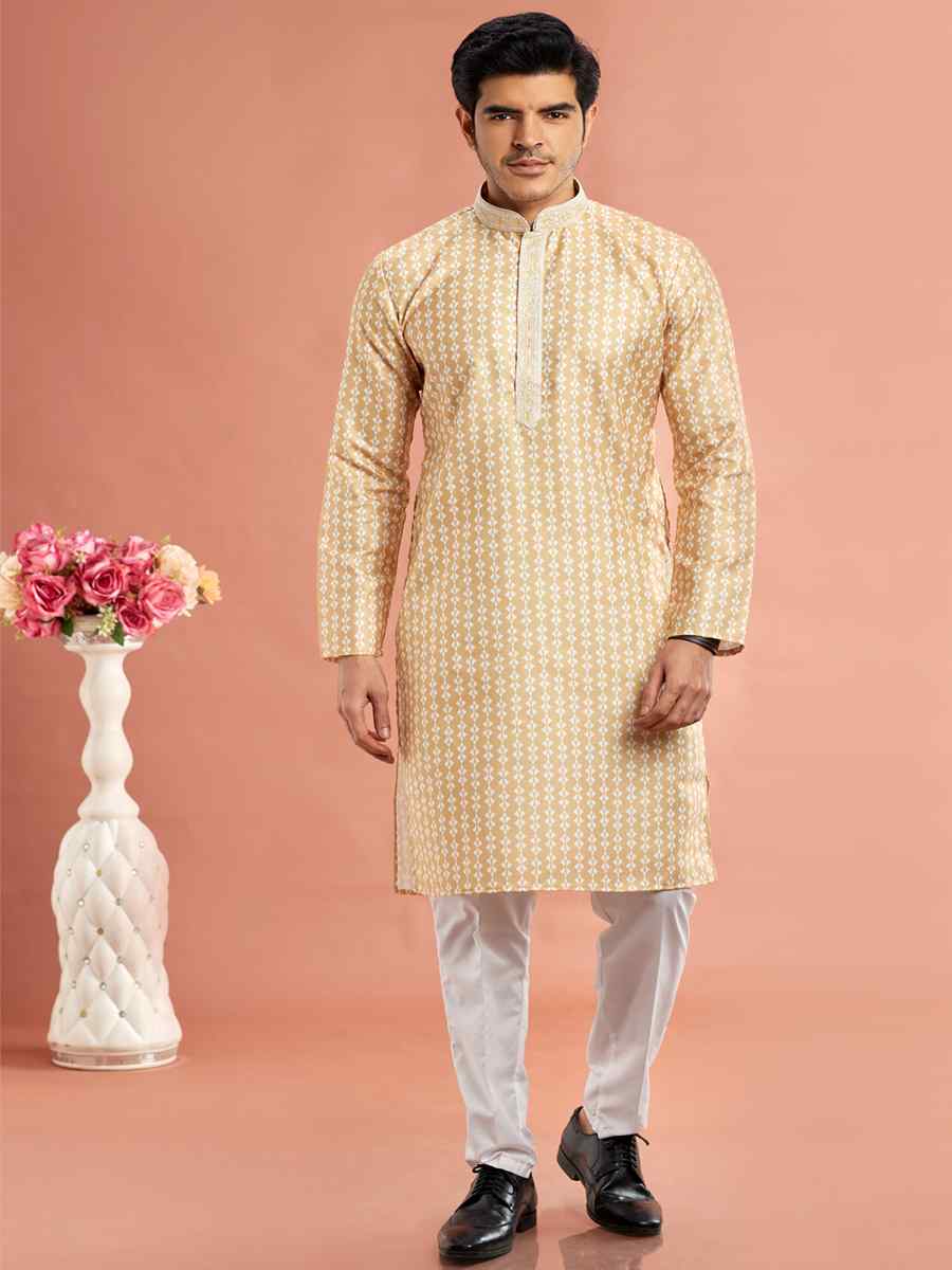 Yellow Cotton Printed Festival Casual Kurta