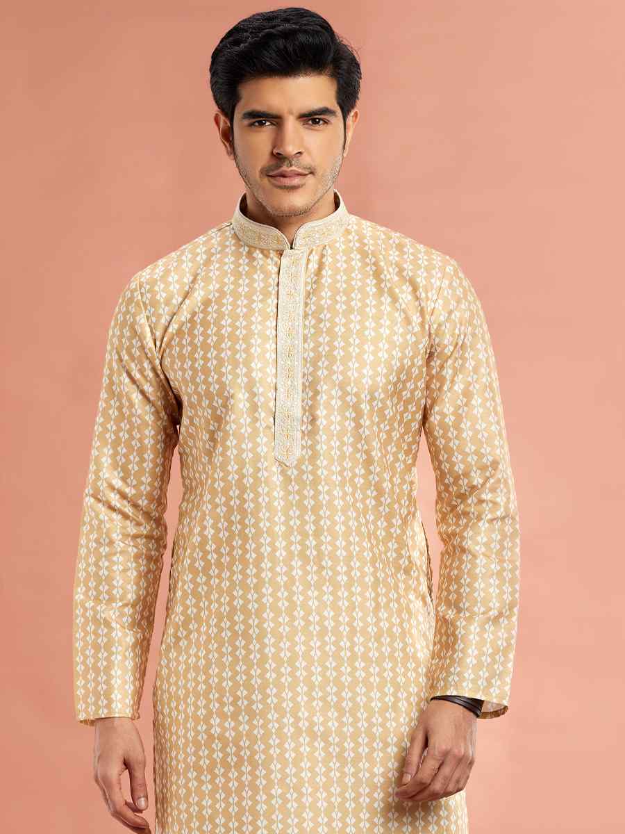 Yellow Cotton Printed Festival Casual Kurta