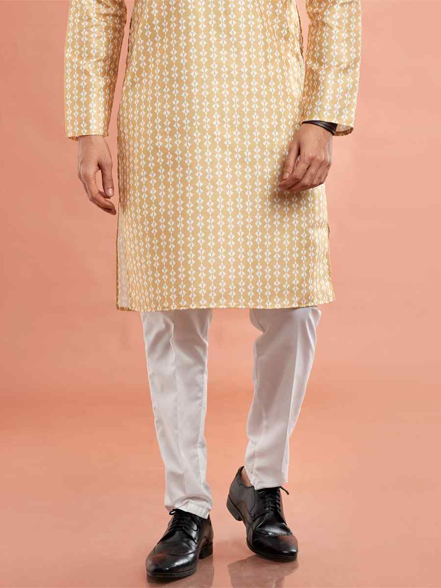 Yellow Cotton Printed Festival Casual Kurta