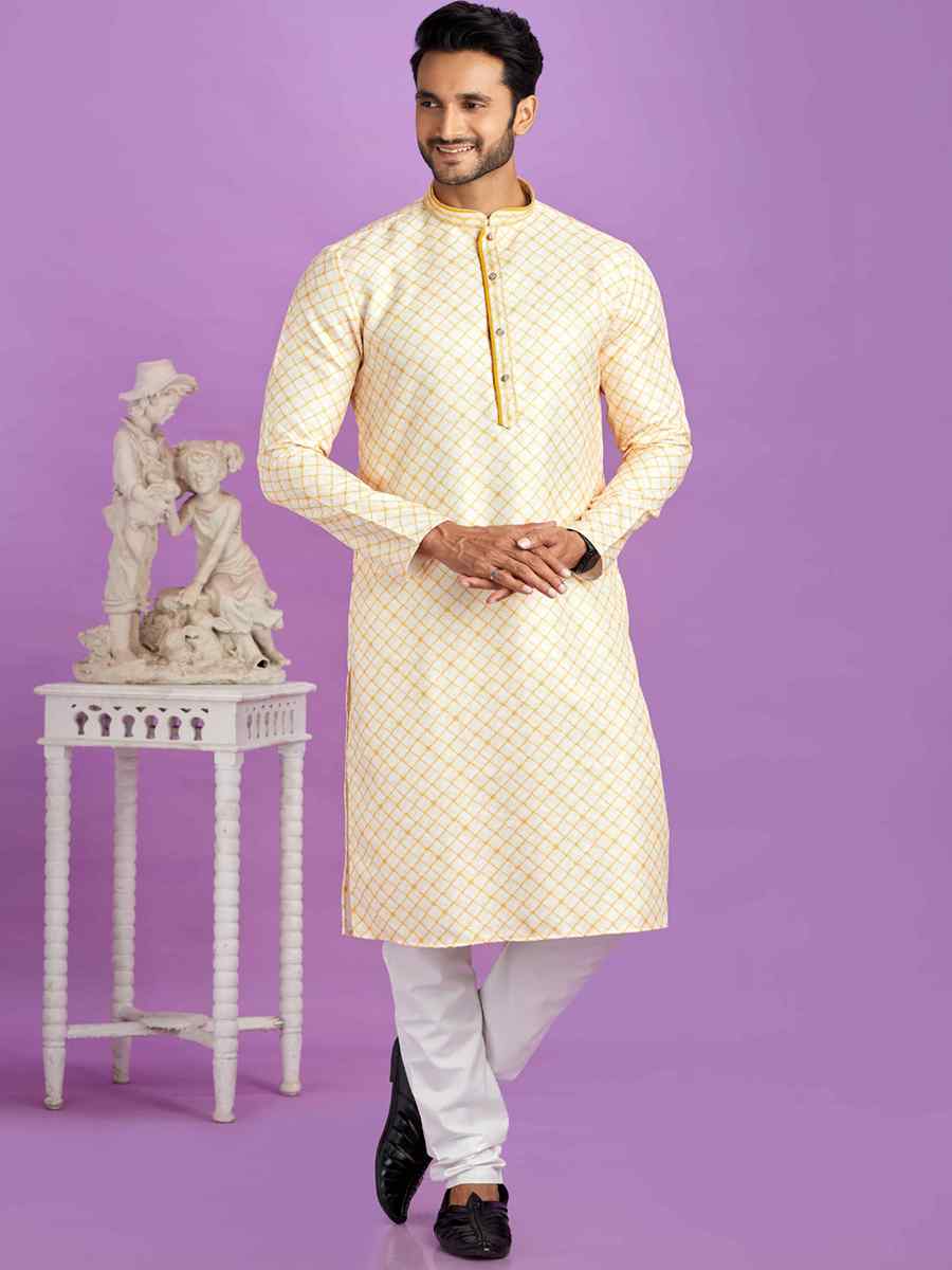 Yellow Cotton Printed Festival Casual Kurta