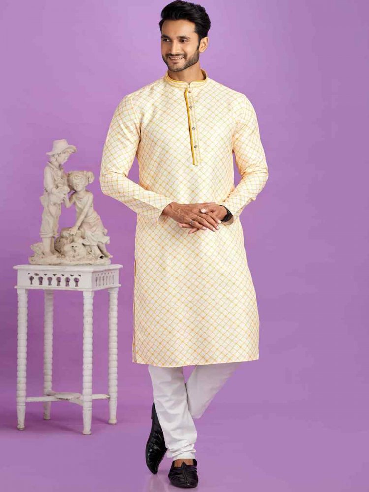 Yellow Cotton Printed Festival Casual Kurta