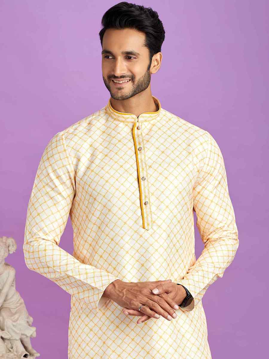 Yellow Cotton Printed Festival Casual Kurta