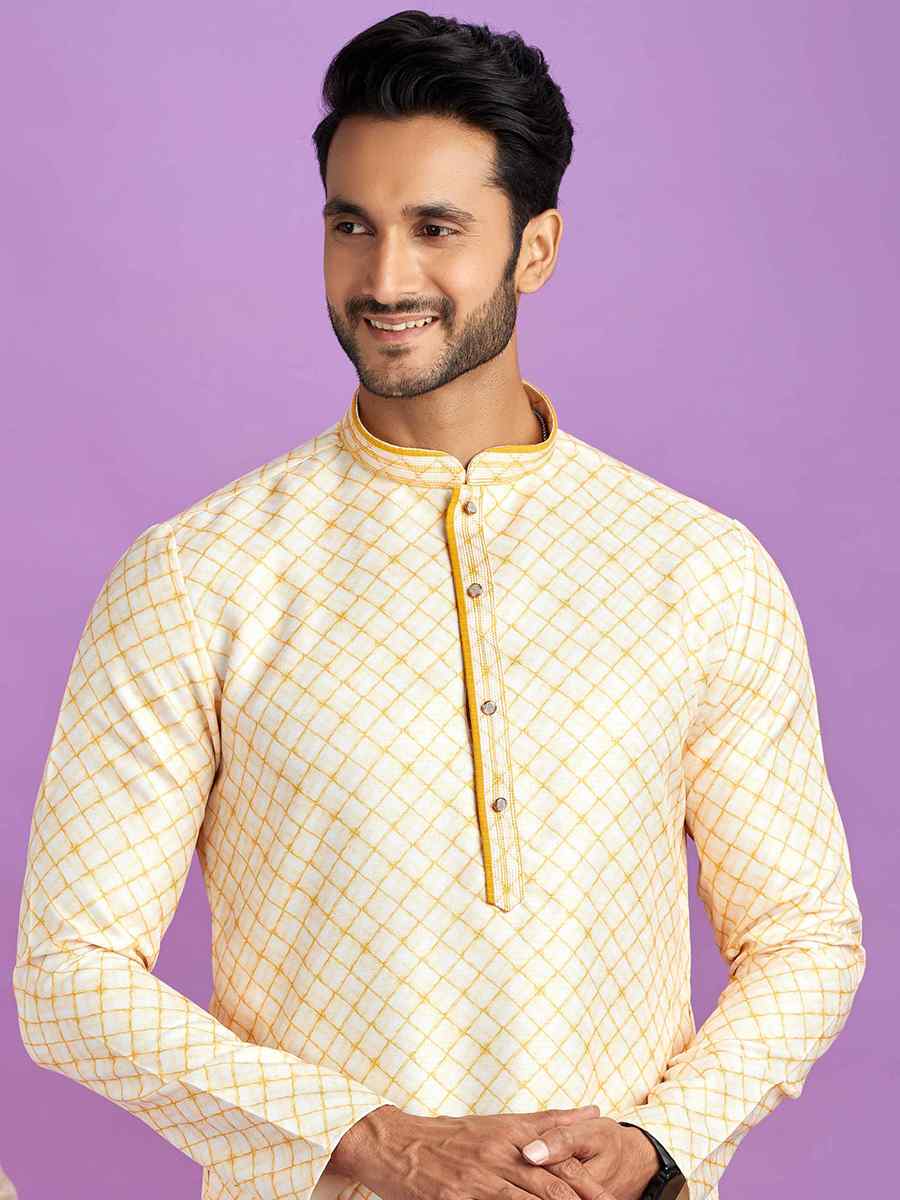 Yellow Cotton Printed Festival Casual Kurta