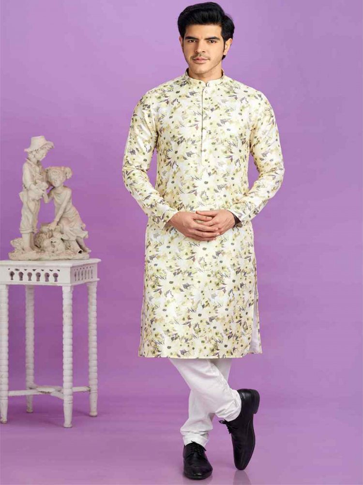 Yellow Cotton Printed Festival Casual Kurta