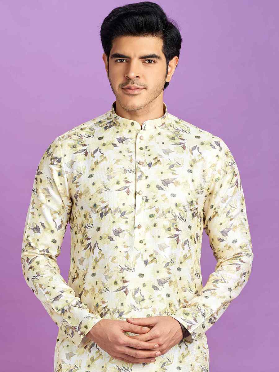 Yellow Cotton Printed Festival Casual Kurta