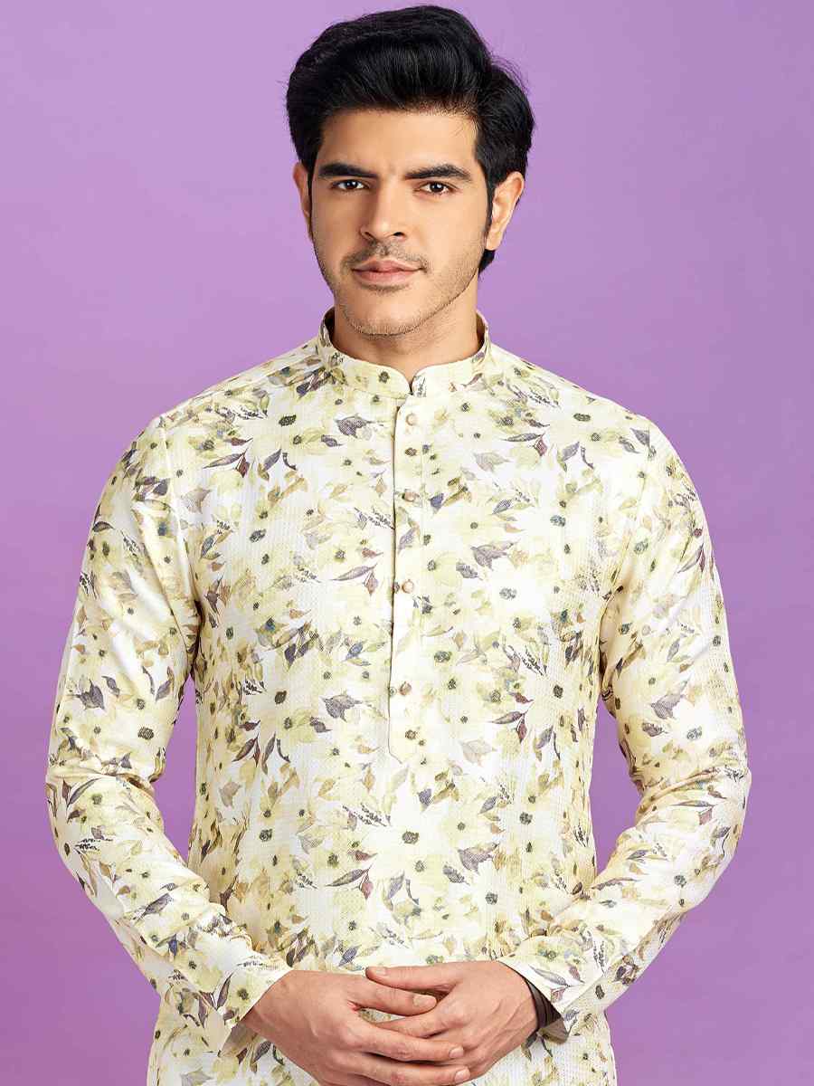 Yellow Cotton Printed Festival Casual Kurta