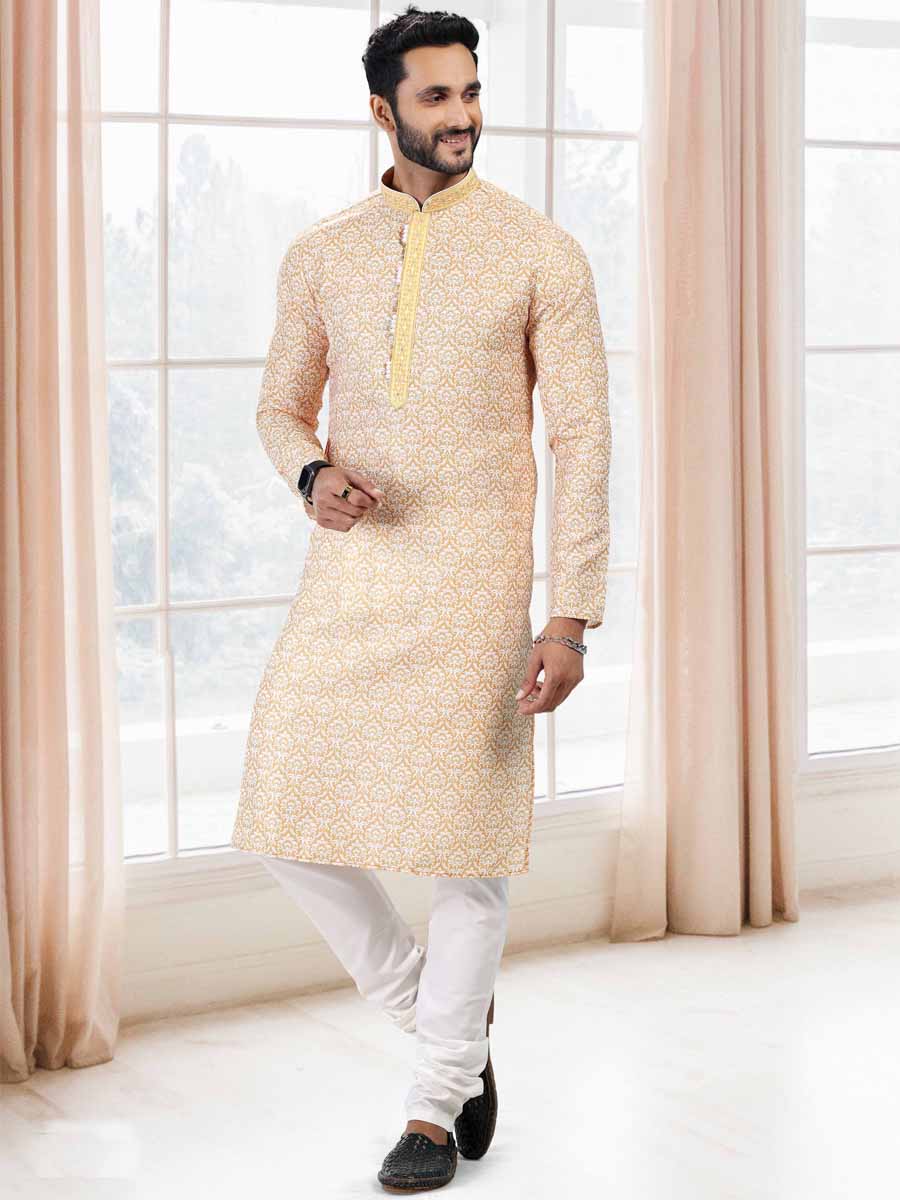 Yellow Cotton Printed Festival Mehendi Kurta