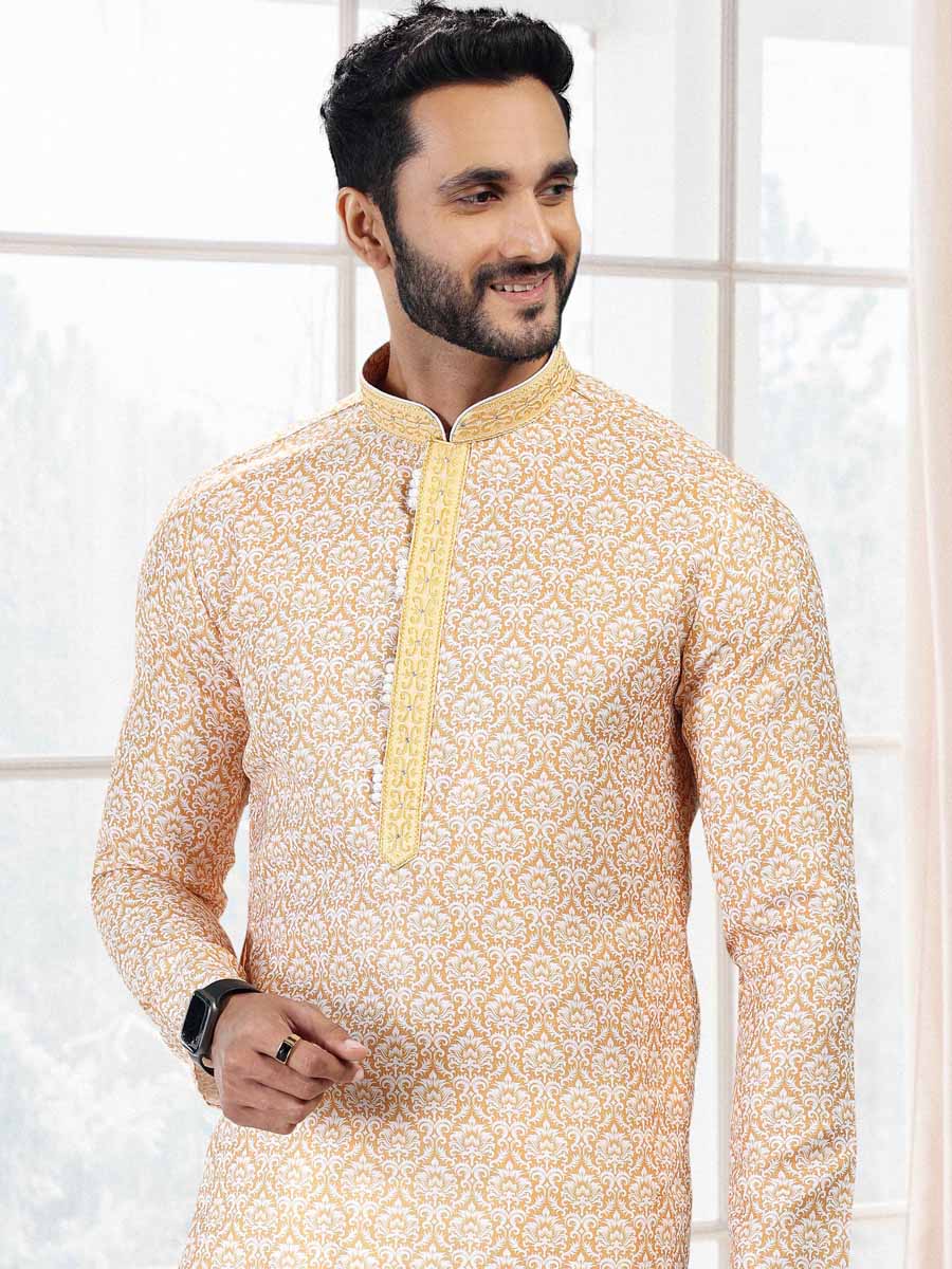 Yellow Cotton Printed Festival Mehendi Kurta