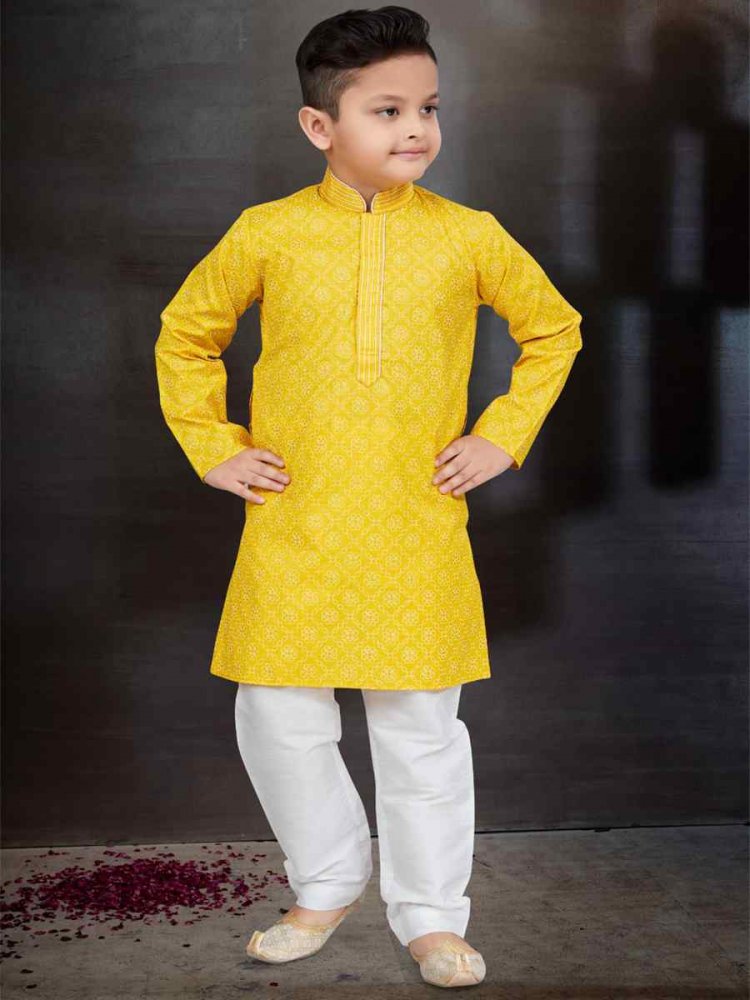 Yellow Cotton Printed Festival Traditional Kurta Pyjama Boys Wear