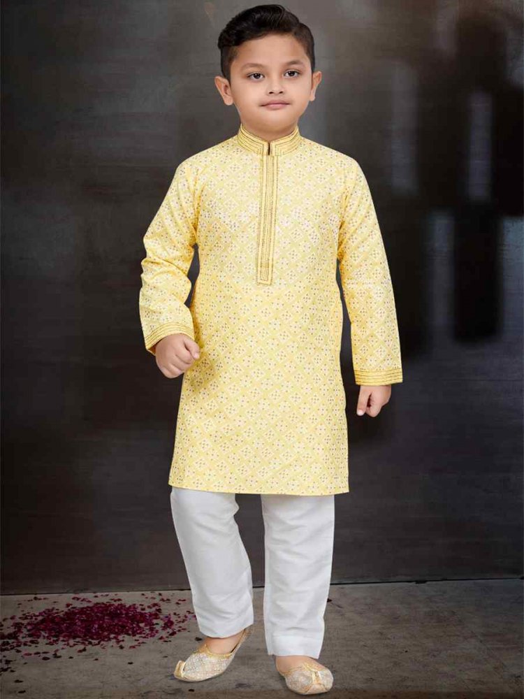 Yellow Cotton Printed Festival Traditional Kurta Pyjama Boys Wear