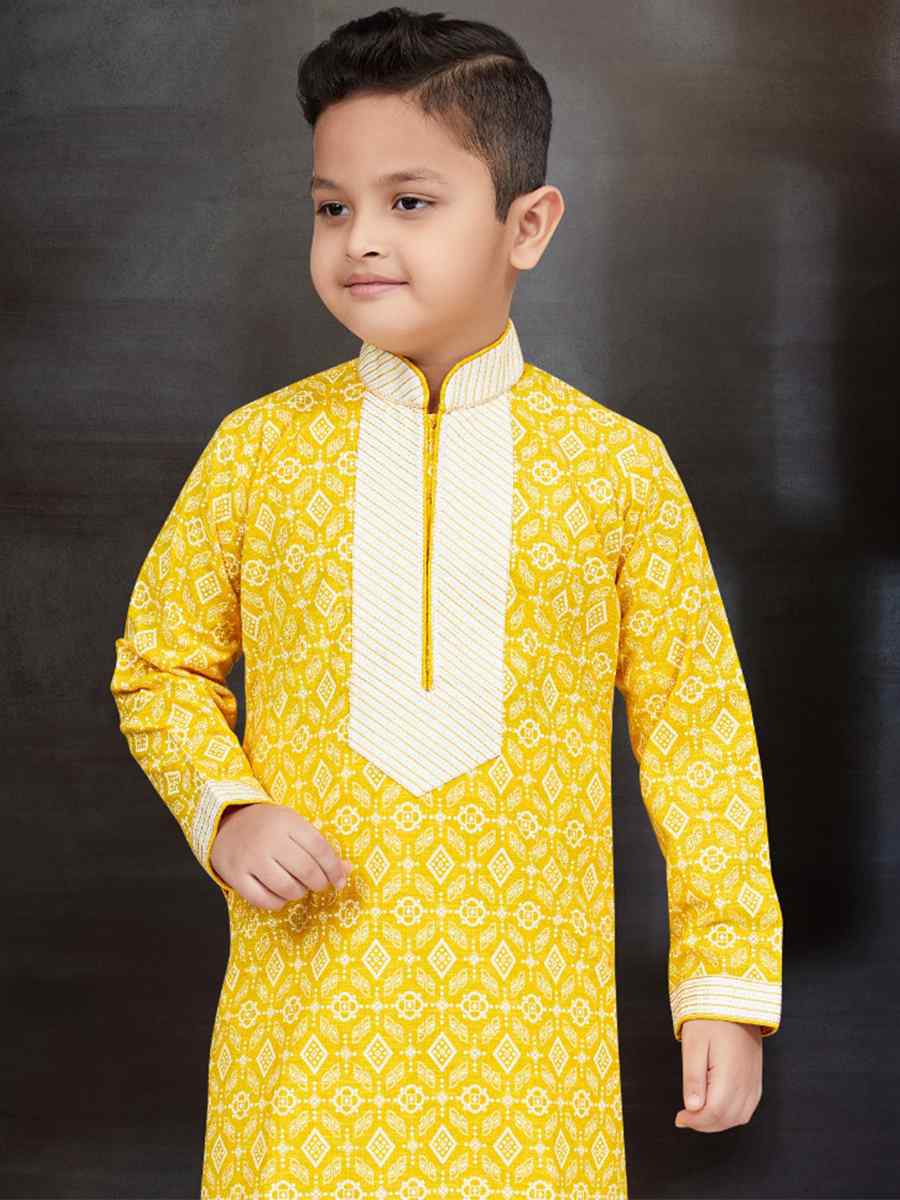 Yellow Cotton Printed Festival Traditional Kurta Pyjama Boys Wear