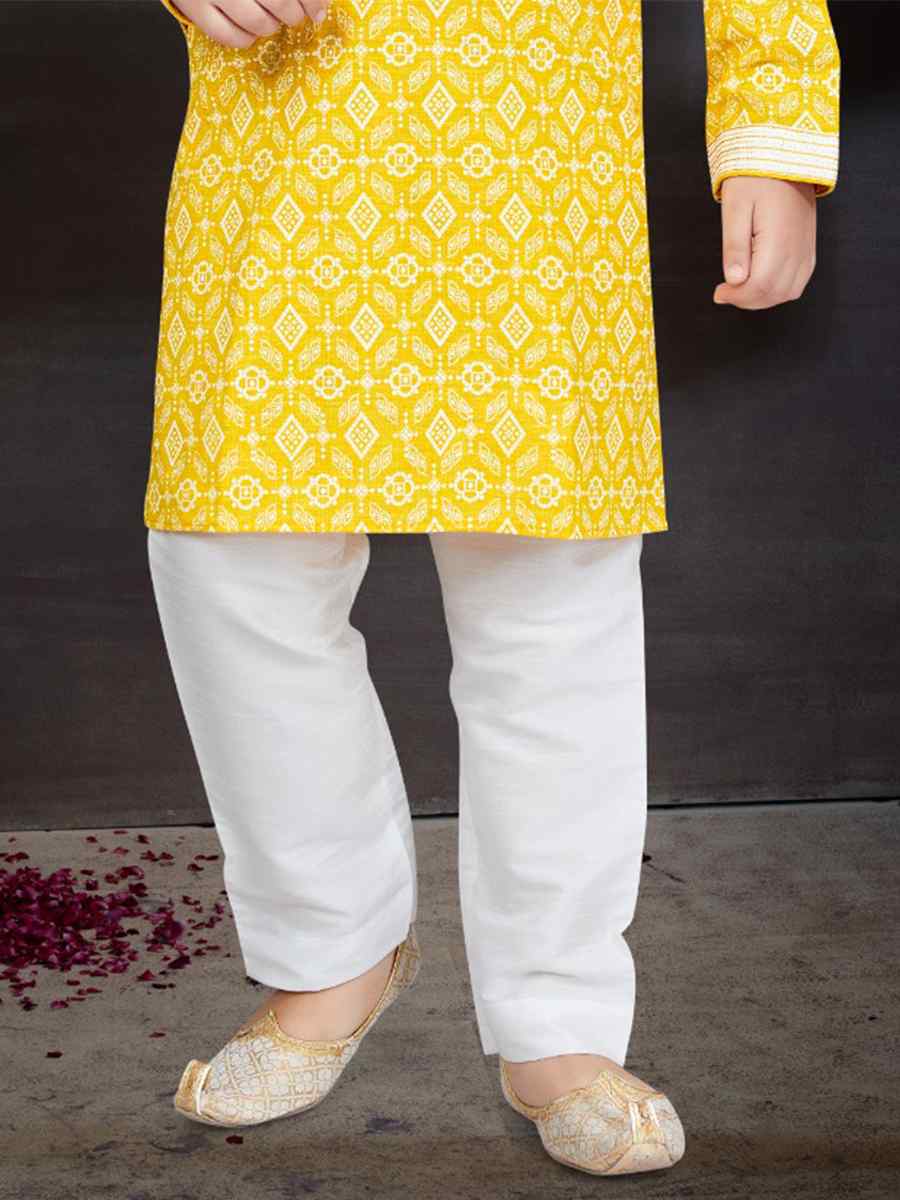 Yellow Cotton Printed Festival Traditional Kurta Pyjama Boys Wear