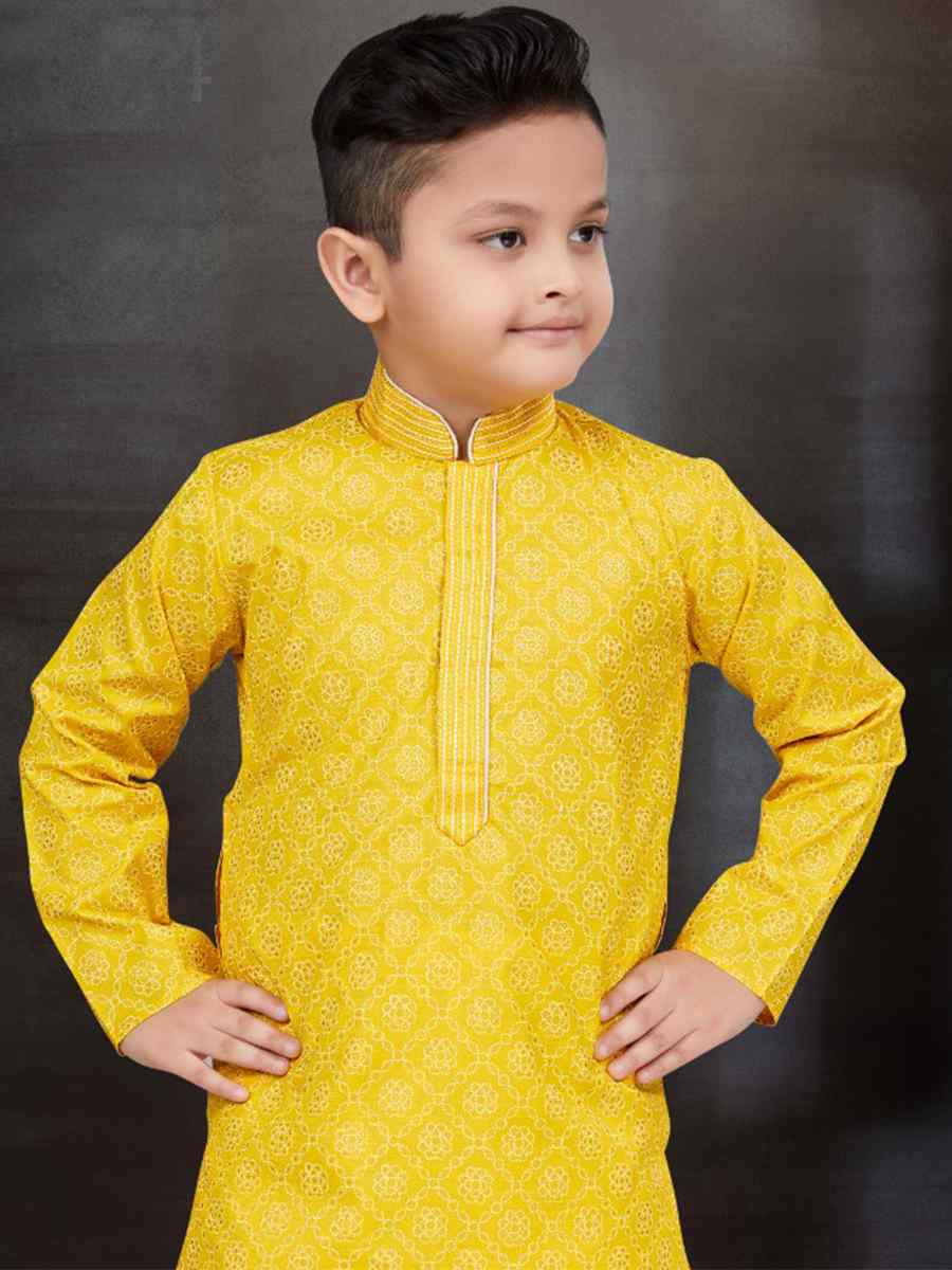 Yellow Cotton Printed Festival Traditional Kurta Pyjama Boys Wear