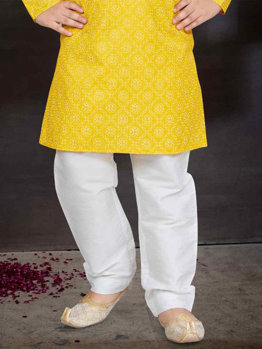 Yellow Cotton Printed Festival Traditional Kurta Pyjama Boys Wear