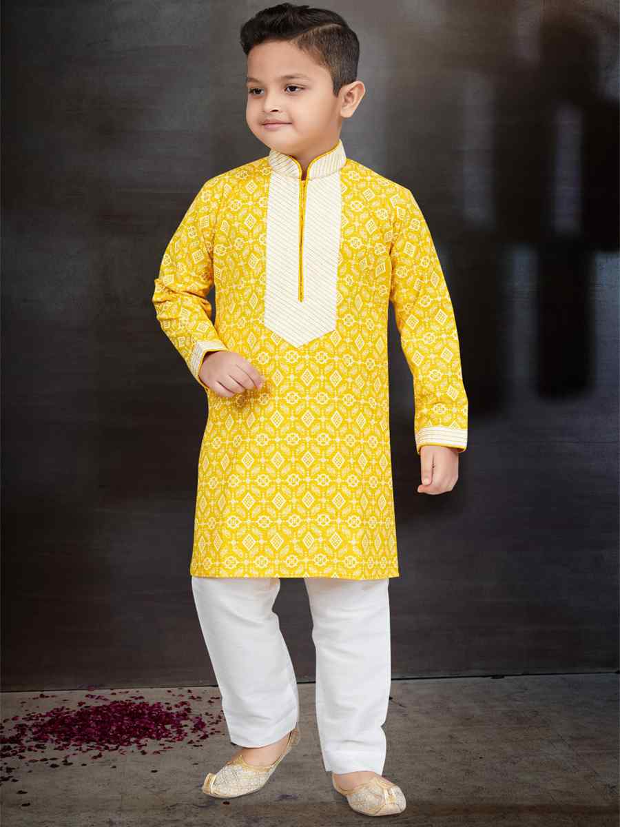 Yellow Cotton Printed Festival Traditional Kurta Pyjama Boys Wear