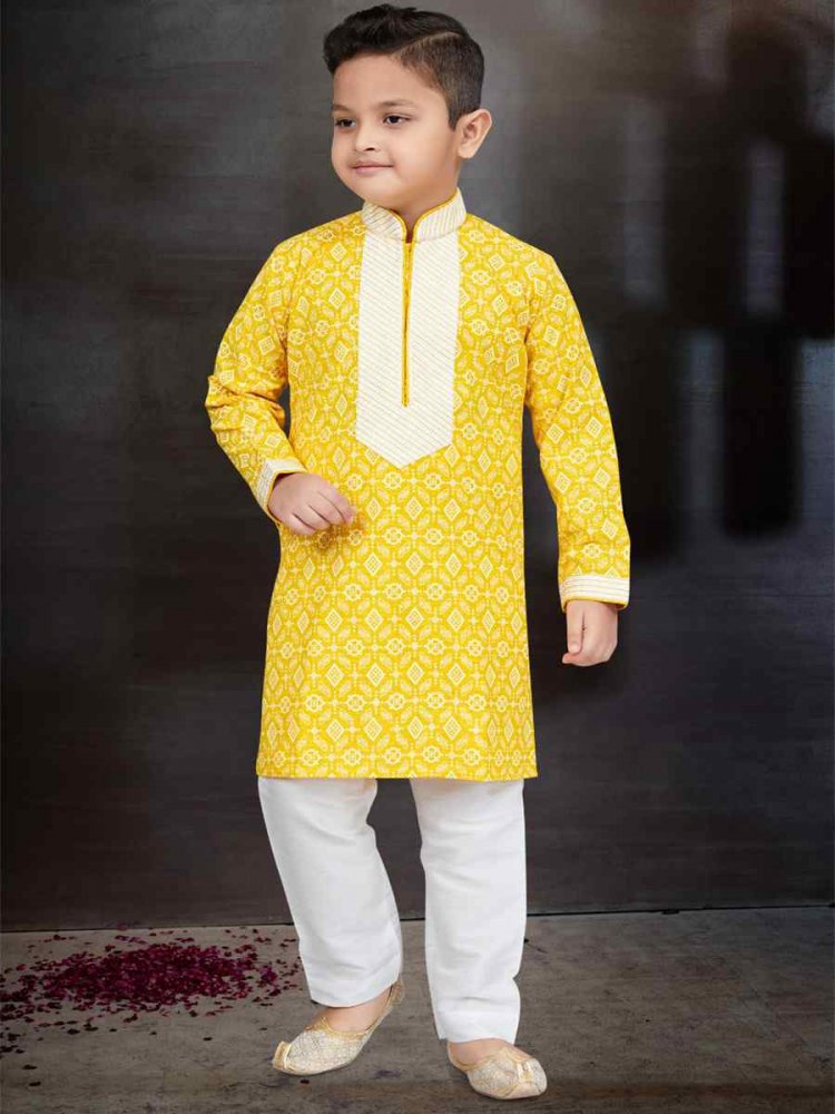 Yellow Cotton Printed Festival Traditional Kurta Pyjama Boys Wear