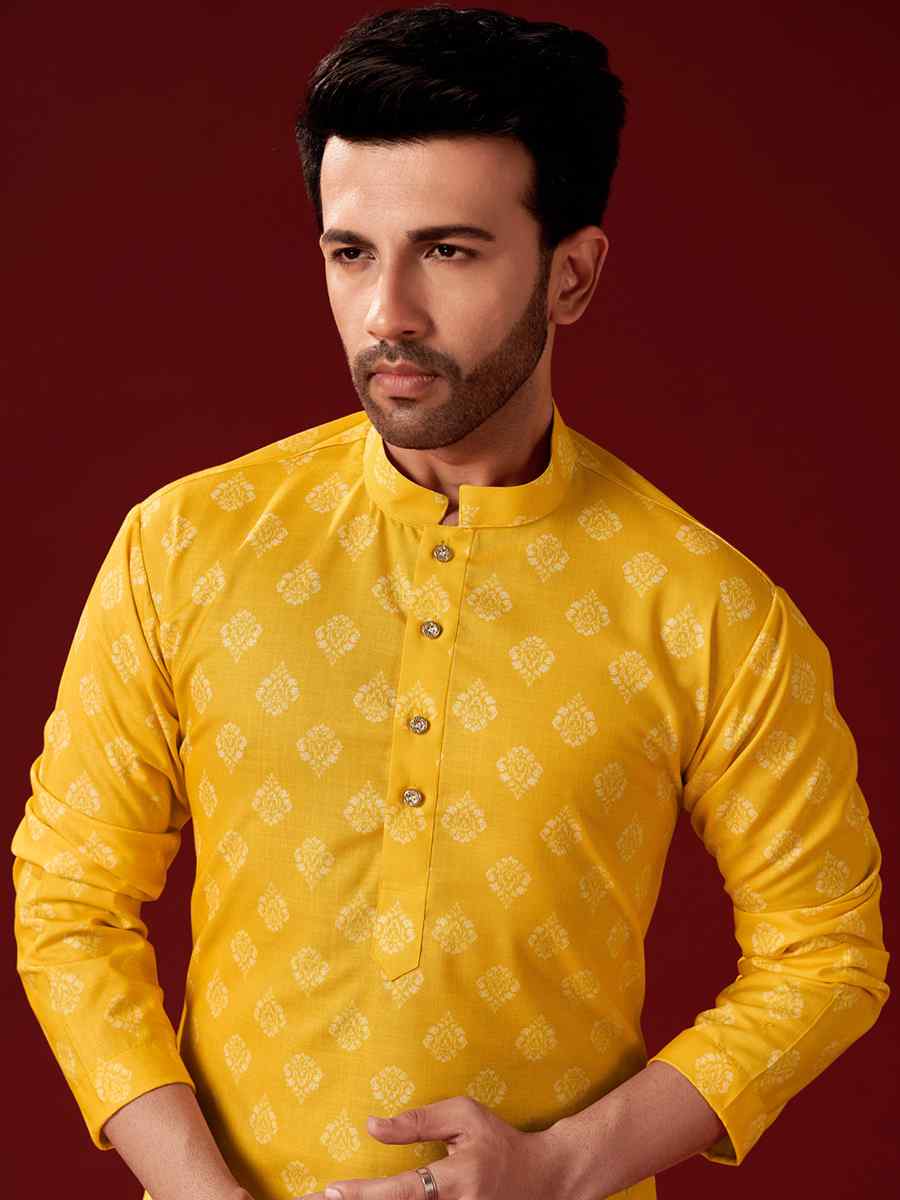 Yellow Cotton Printed Haldi Kurta