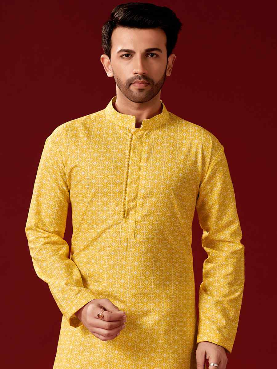 Yellow Cotton Printed Haldi Kurta