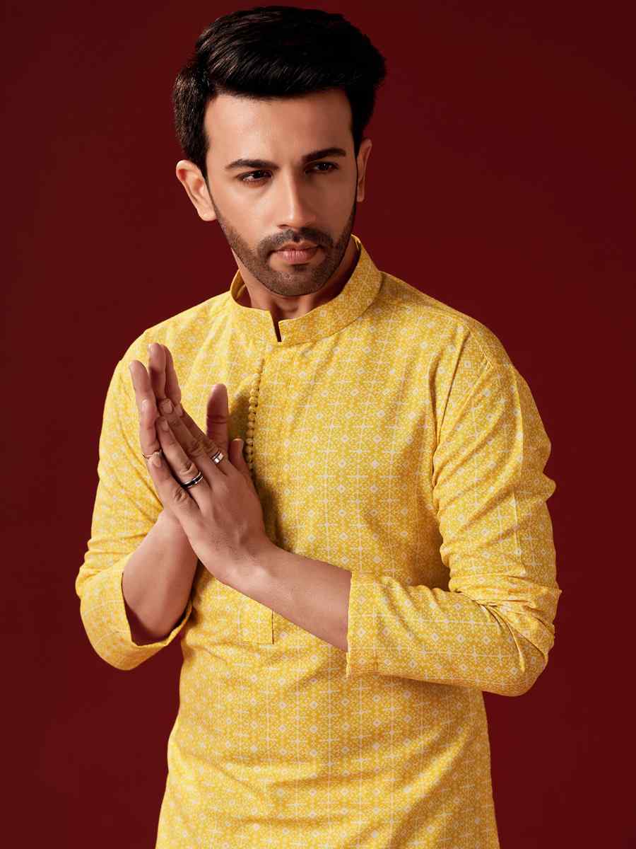 Yellow Cotton Printed Haldi Kurta