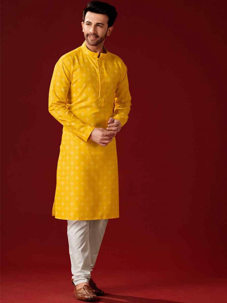 Yellow Cotton Printed Haldi Kurta