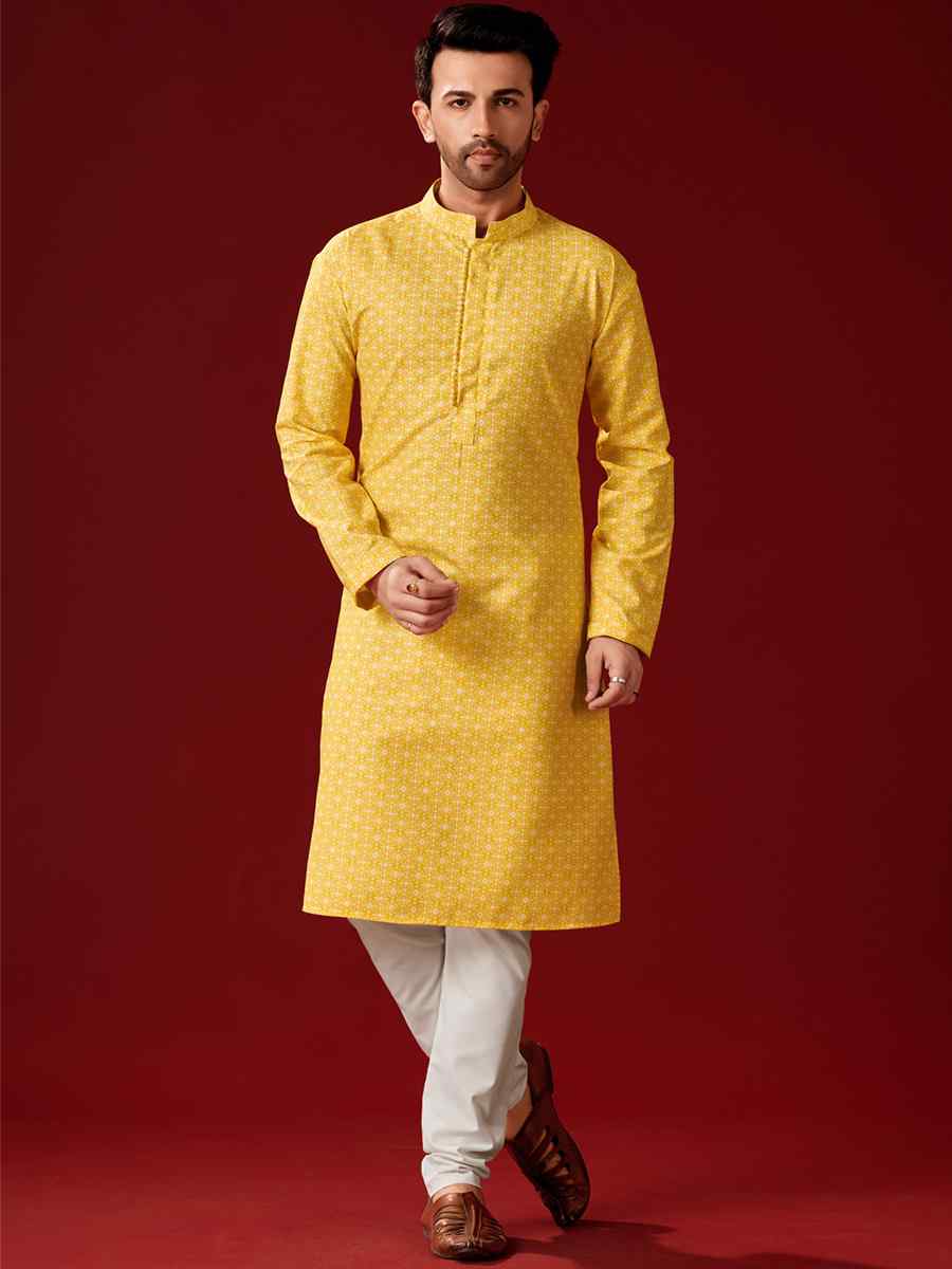 Yellow Cotton Printed Haldi Kurta
