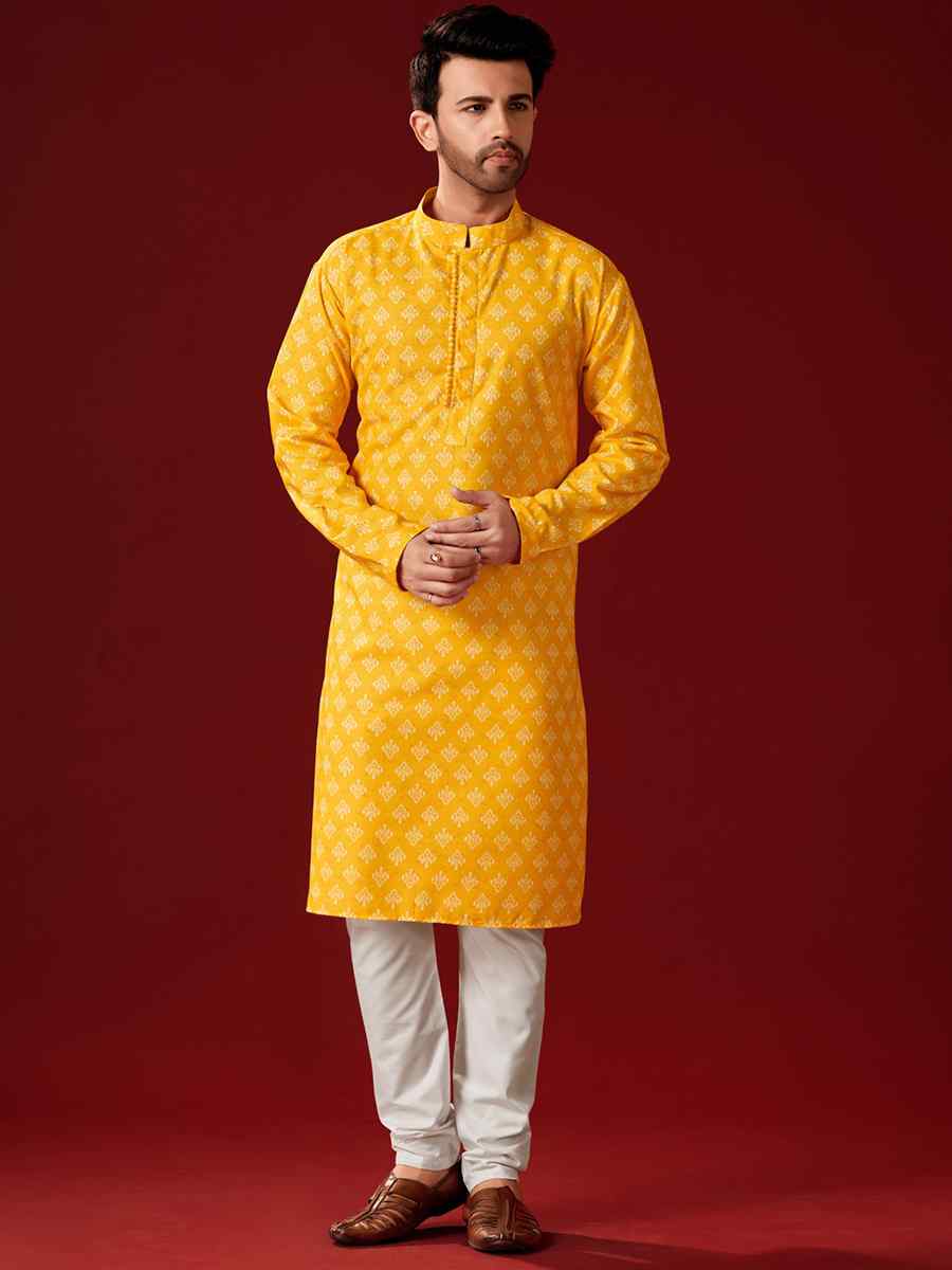 Yellow Cotton Printed Haldi Kurta