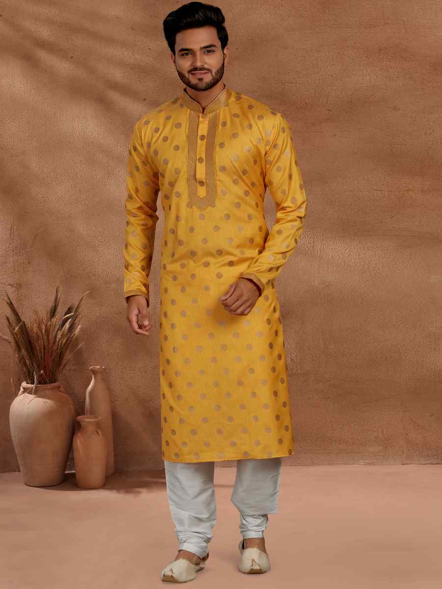 Yellow Cotton Printed Party Wedding Kurta