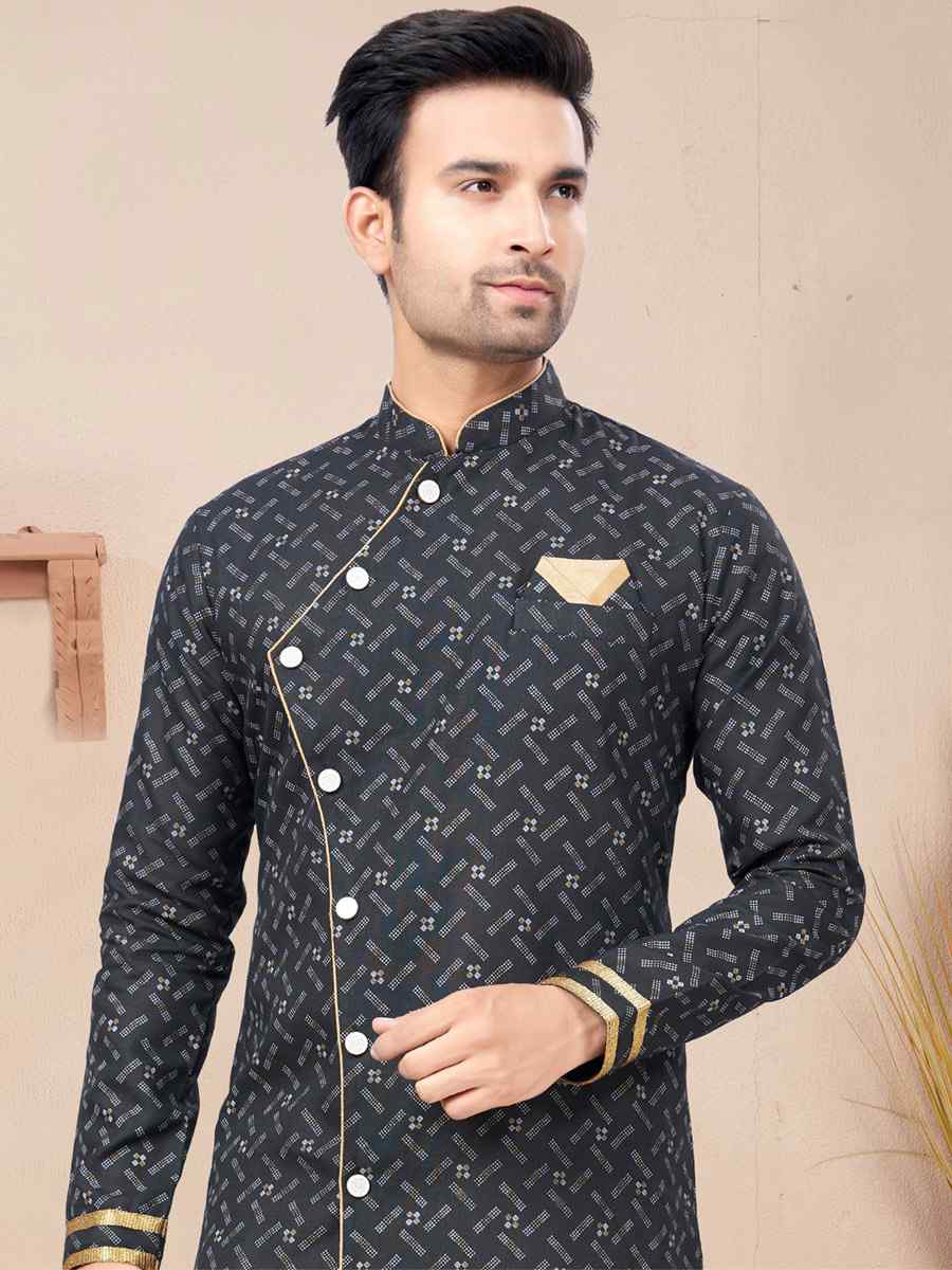 Yellow Cotton Printed Wedding Festival Sherwani