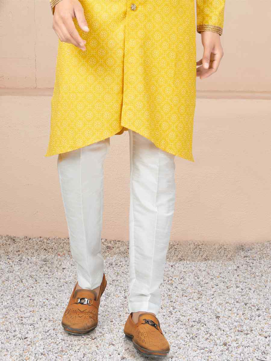 Yellow Cotton Printed Wedding Festival Sherwani