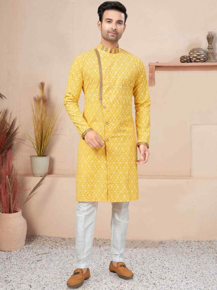 Yellow Cotton Printed Wedding Festival Sherwani
