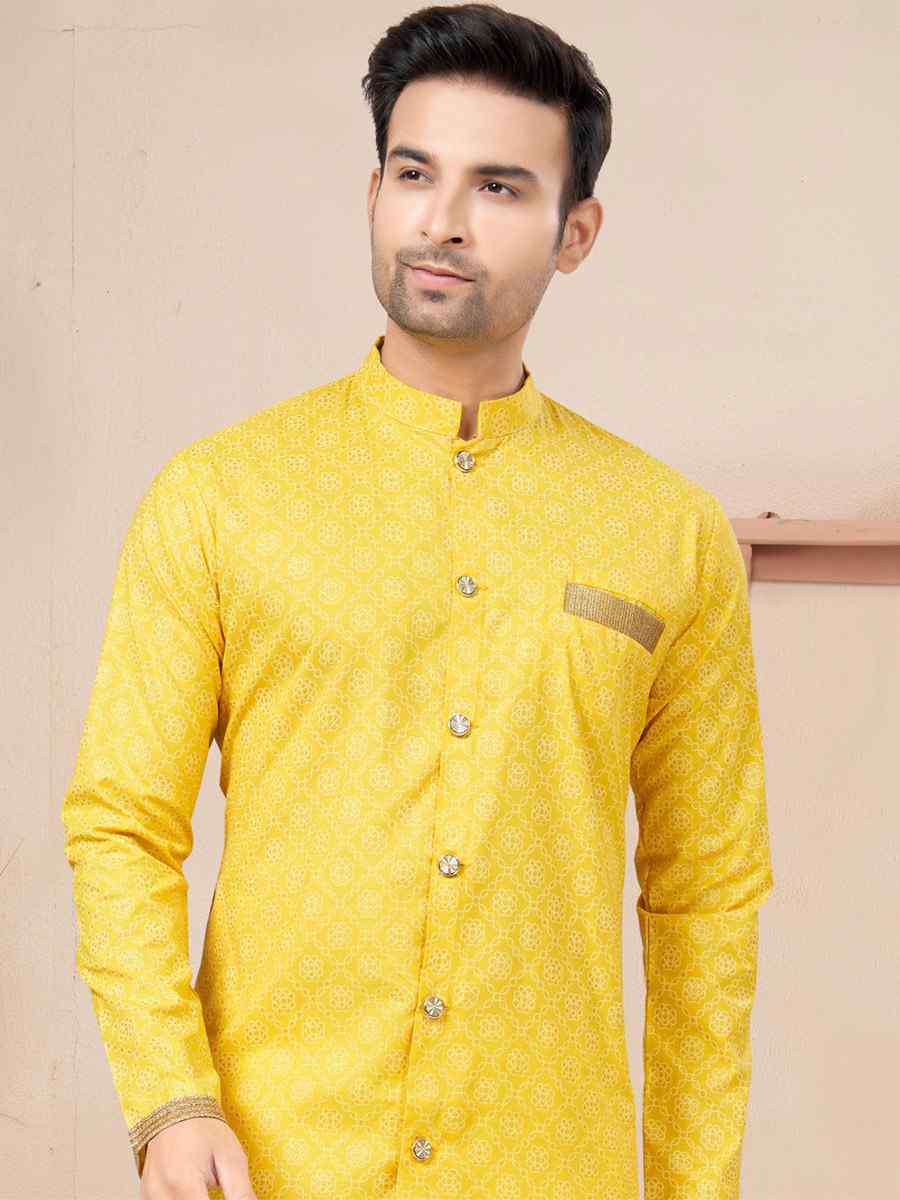 Yellow Cotton Printed Wedding Festival Sherwani