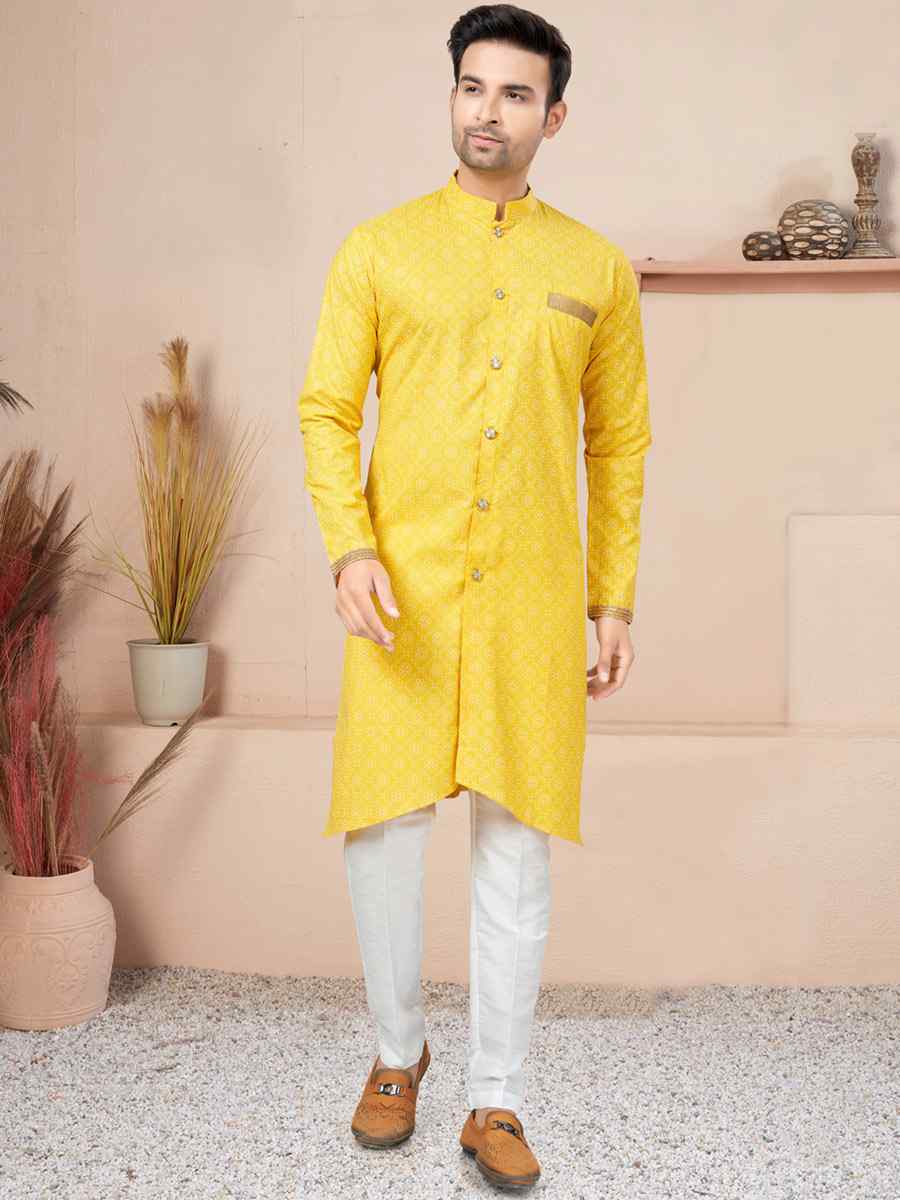 Yellow Cotton Printed Wedding Festival Sherwani