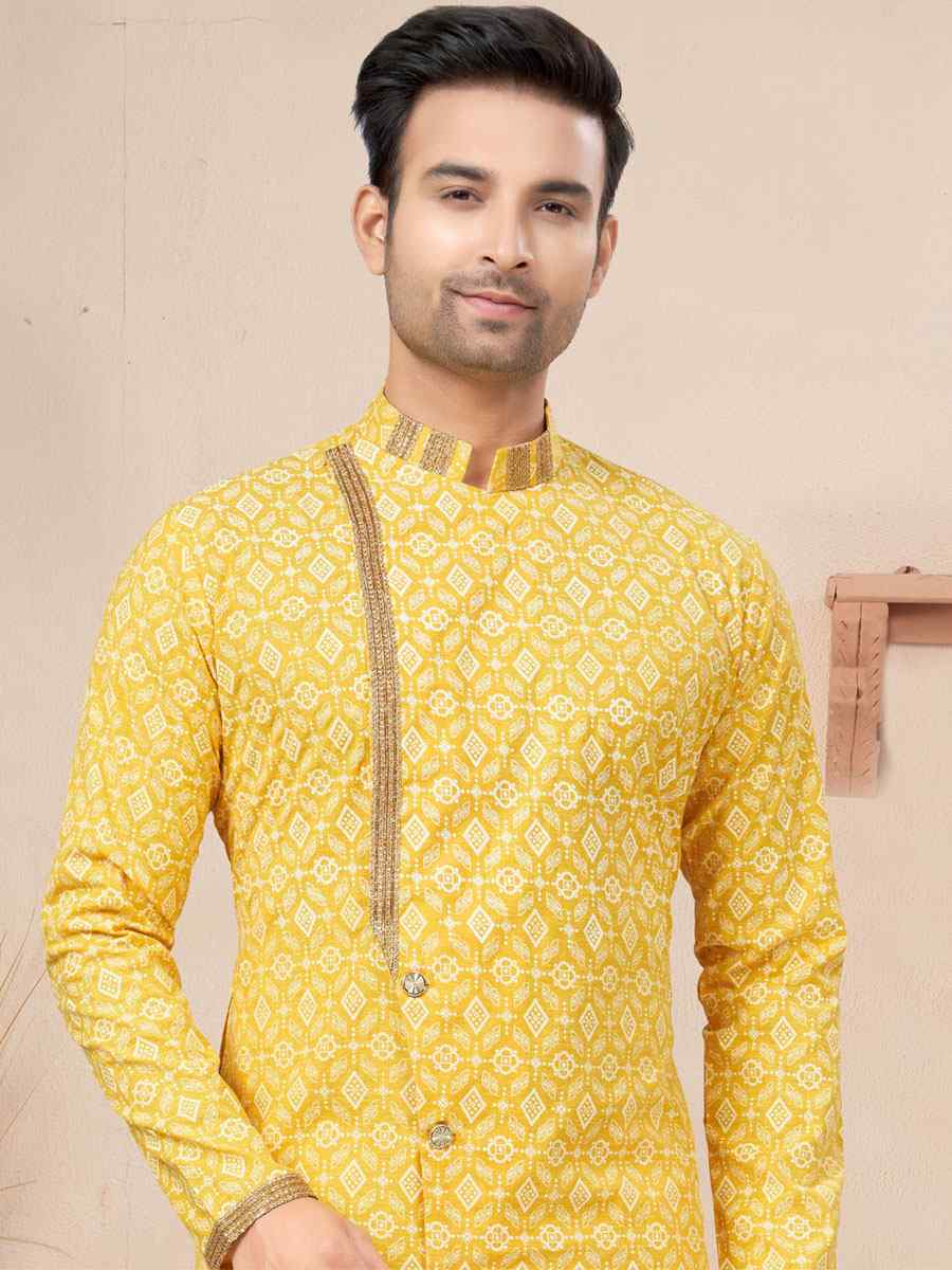 Yellow Cotton Printed Wedding Festival Sherwani