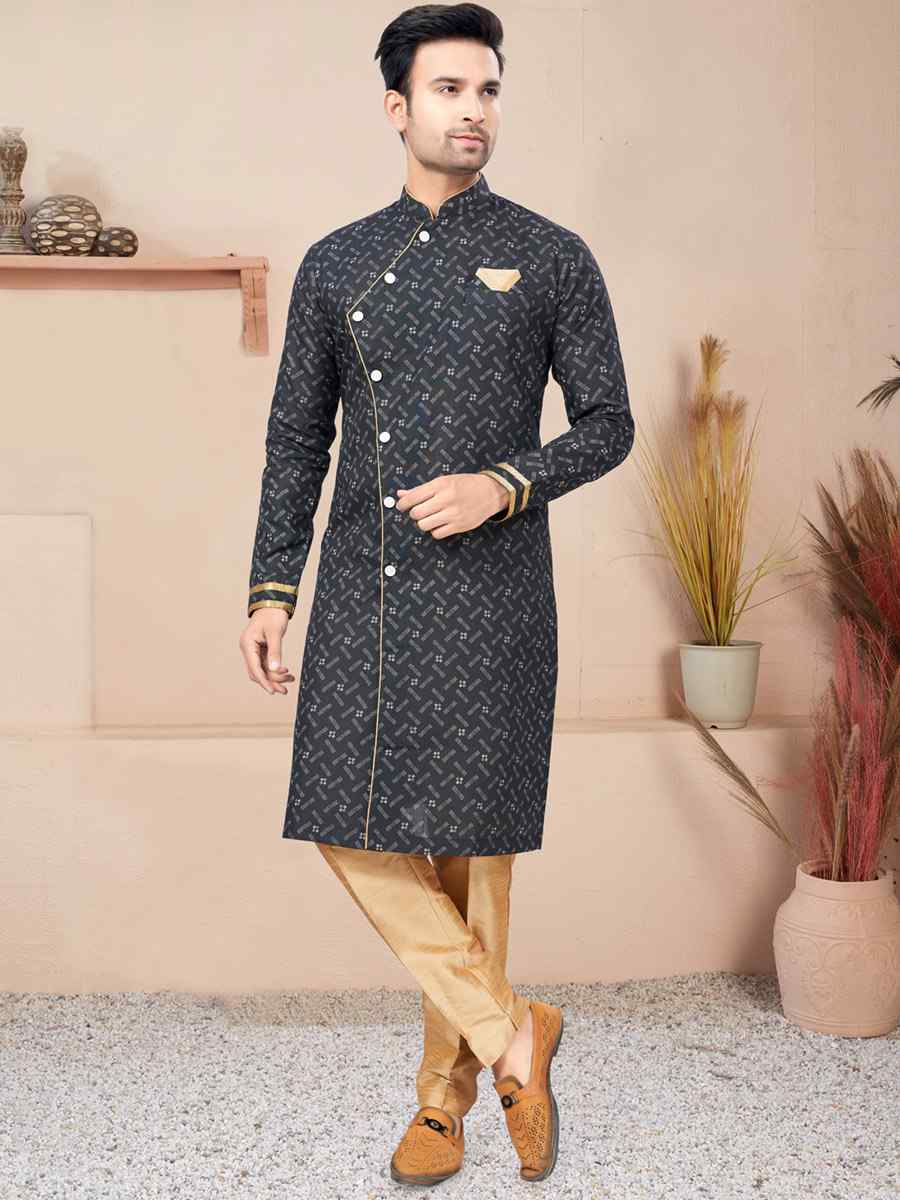 Yellow Cotton Printed Wedding Festival Sherwani