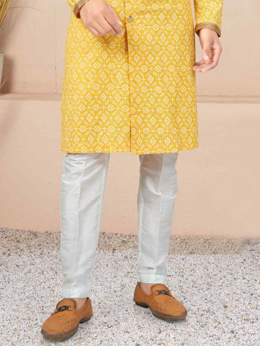 Yellow Cotton Printed Wedding Festival Sherwani