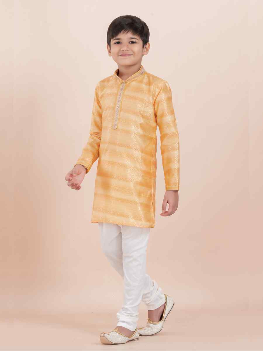 Yellow Cotton Self Jacquard Embroidered Festival Traditional Kurta Pyjama Boys Wear